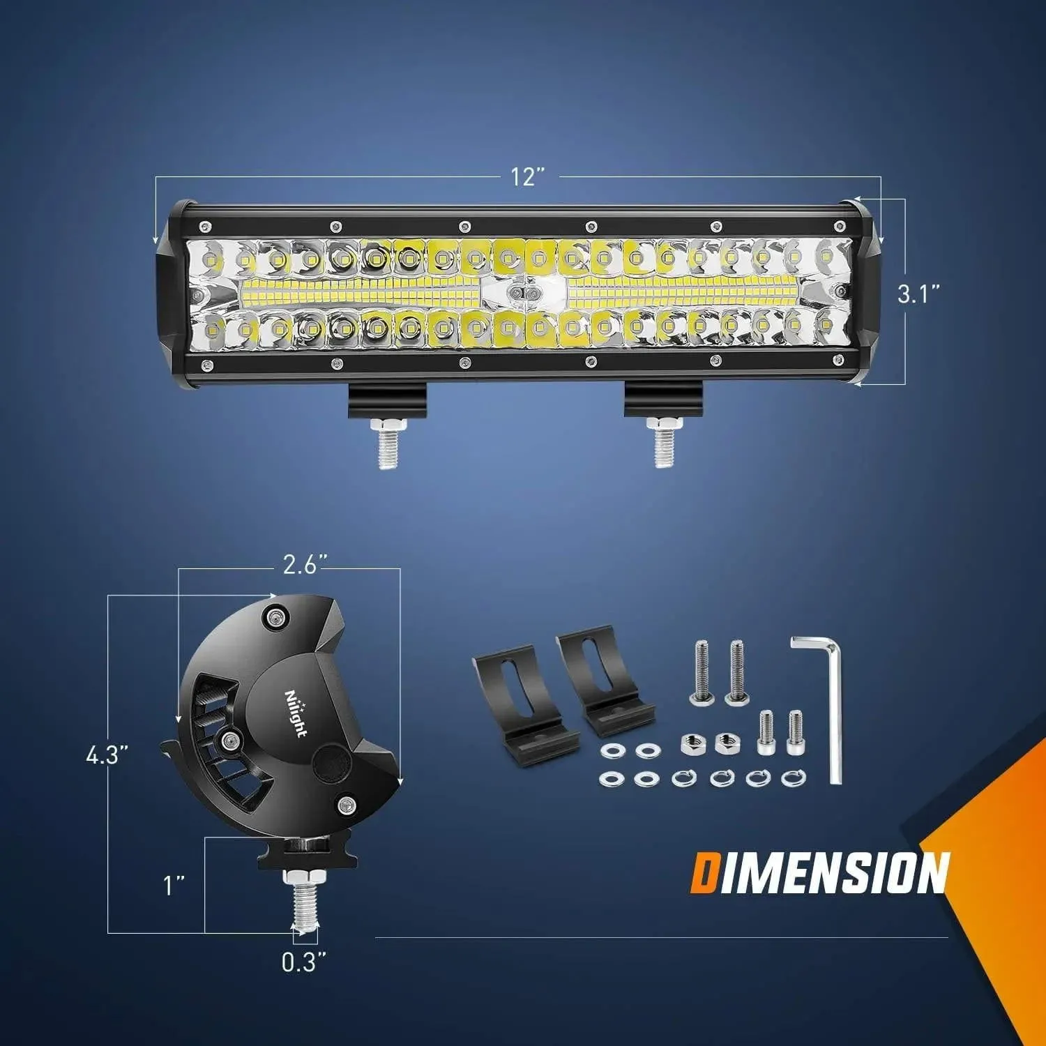 12 Inch 300W 30000LM Triple Row Spot/Flood Led Light Bar Kit | 16AWG Wire 3Pin Switch