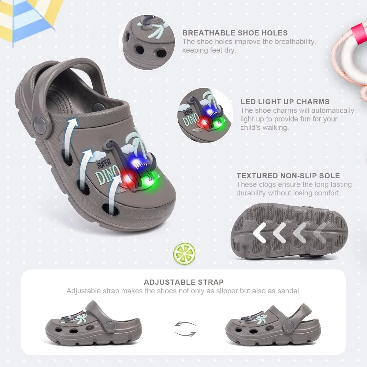 Casazoe Toddler Kids Boys Girls LED Garden Clogs EVA Summer Outdoor Light Up Slip On Shoes Cute Dinosaur Unicorn Water Sandals Lightweight Slipper Slides Beach Pool Play Shoes