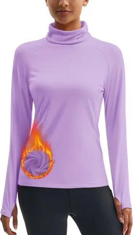 MAGCOMSEN Women's Thermal Long Sleeve Fleece Shirt Mock Turtleneck Undershirt Running Workout Top with Thumb Holes