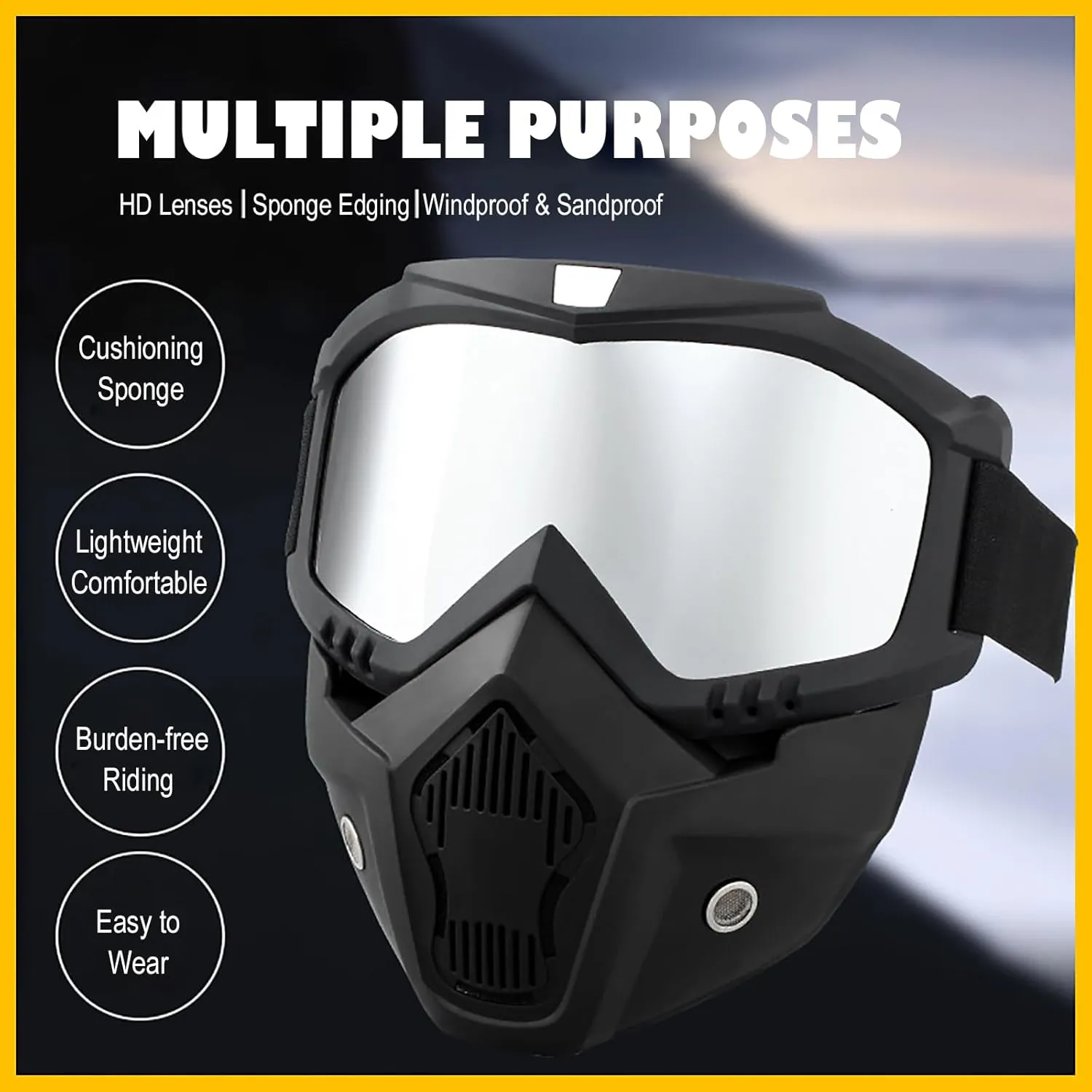 Motorcycle Goggles with Removable Full Face Mask Riding Glasses Dirt Bike ATV Motocross Detachable Eyewear Offroad Airsoft Paintball Cycling Protective Anti-Fog Goggle for Adults