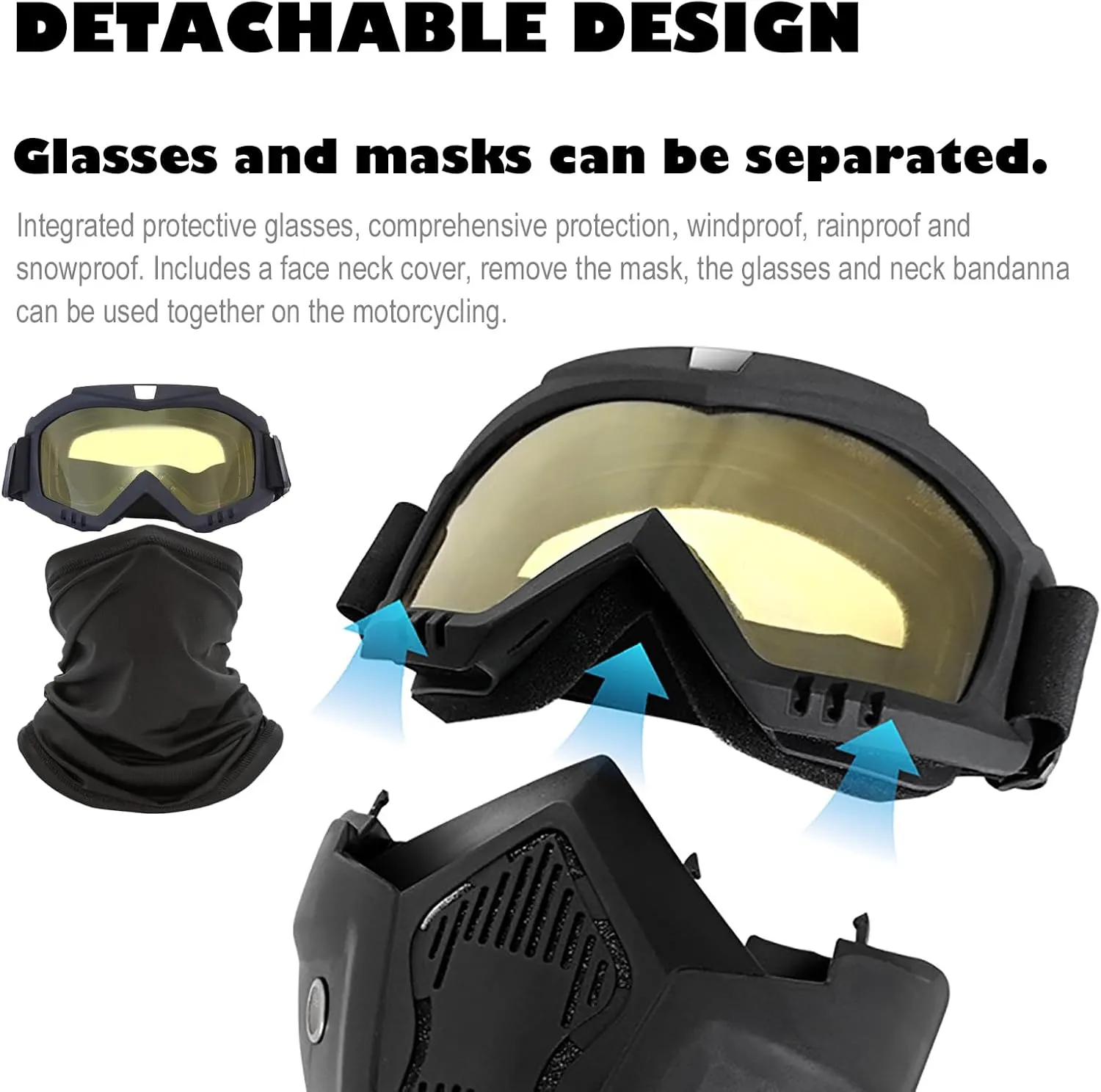 Motorcycle Goggles with Removable Full Face Mask Riding Glasses Dirt Bike ATV Motocross Detachable Eyewear Offroad Airsoft Paintball Cycling Protective Anti-Fog Goggle for Adults