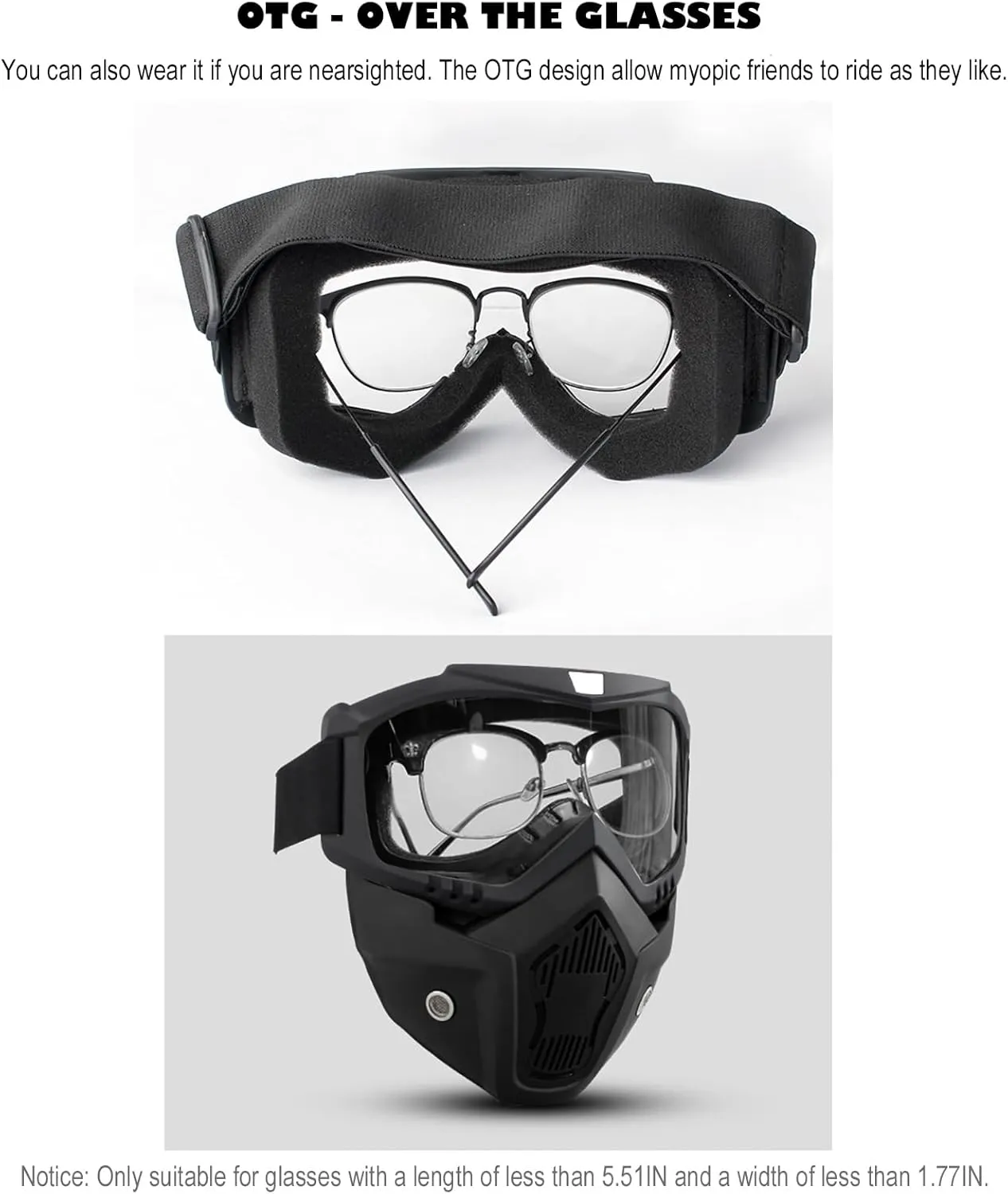 Motorcycle Goggles with Removable Full Face Mask Riding Glasses Dirt Bike ATV Motocross Detachable Eyewear Offroad Airsoft Paintball Cycling Protective Anti-Fog Goggle for Adults