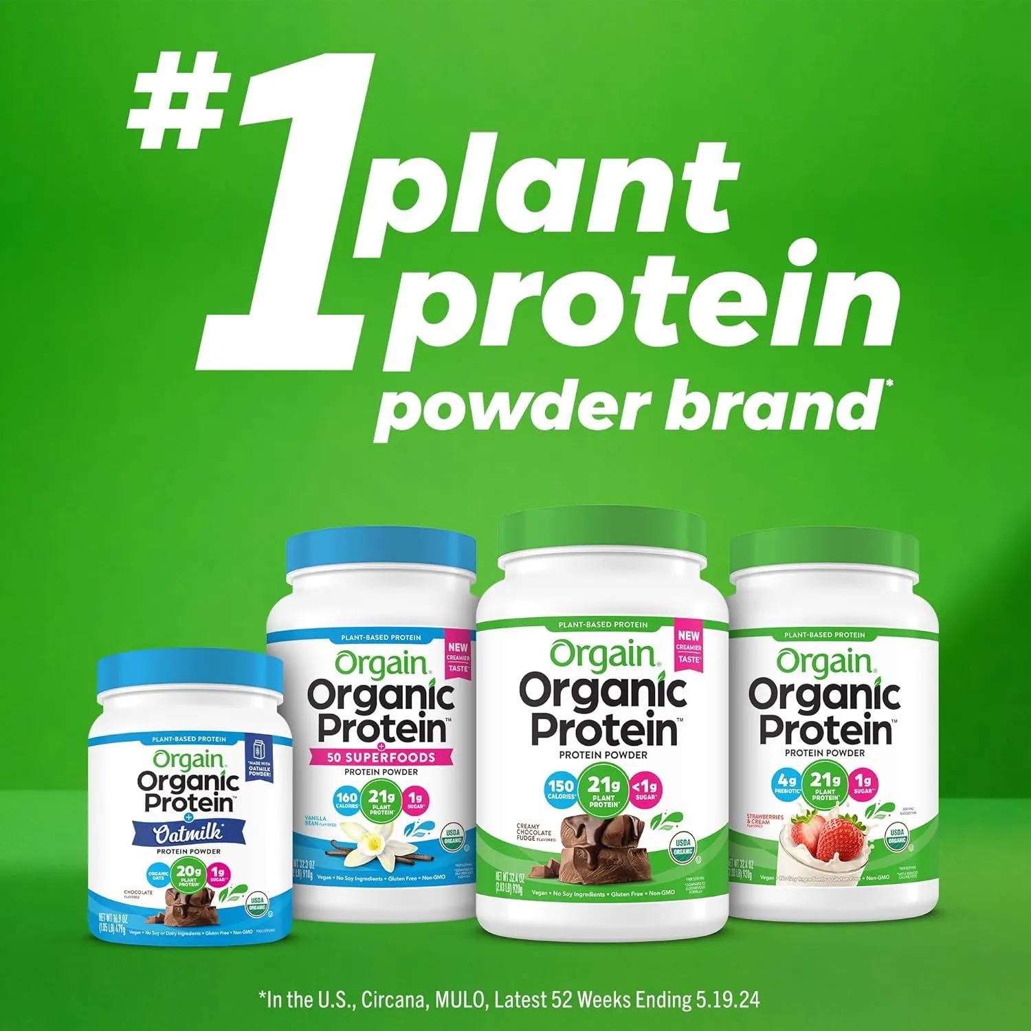 Orgain Organic Vegan Protein   50 Superfoods Powder, Vanilla Bean - 21g Plant Based Protein, 8g Prebiotic Fiber, No Lactose Ingredients, Gluten Free, No Added Sugar, Non-GMO, 2.02 lb