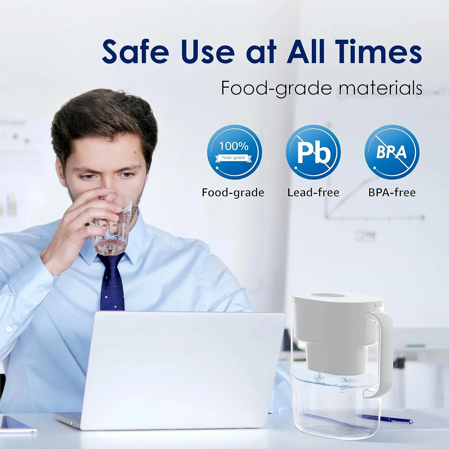 Waterdrop Water Filter Pitcher with 1 Filter, 200-Gallon Long-Life, 10-Cup Large Water Filter Pitcher, NSF Certified, 5X Times Lifetime, Reduces PFOA/PFOS, Chlorine, White