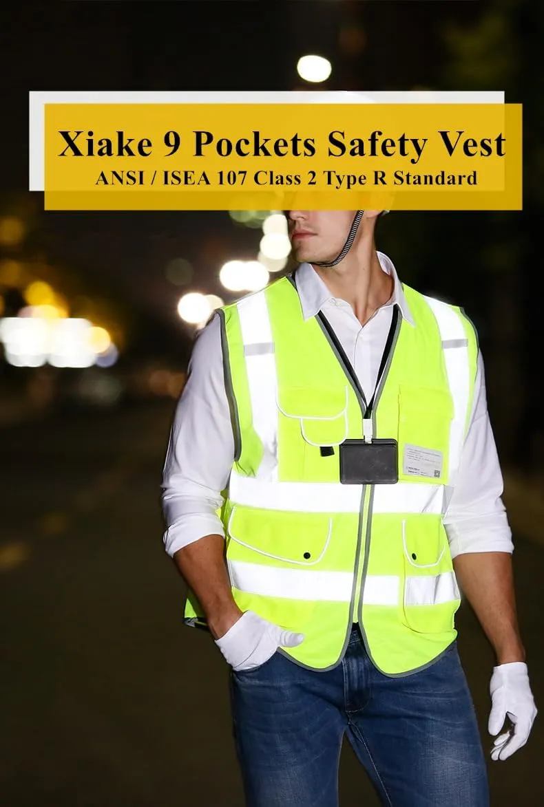 XIAKE 9 Pockets Class 2 High Visibility Reflective Safety Vest for Men Women Work Construction Vest