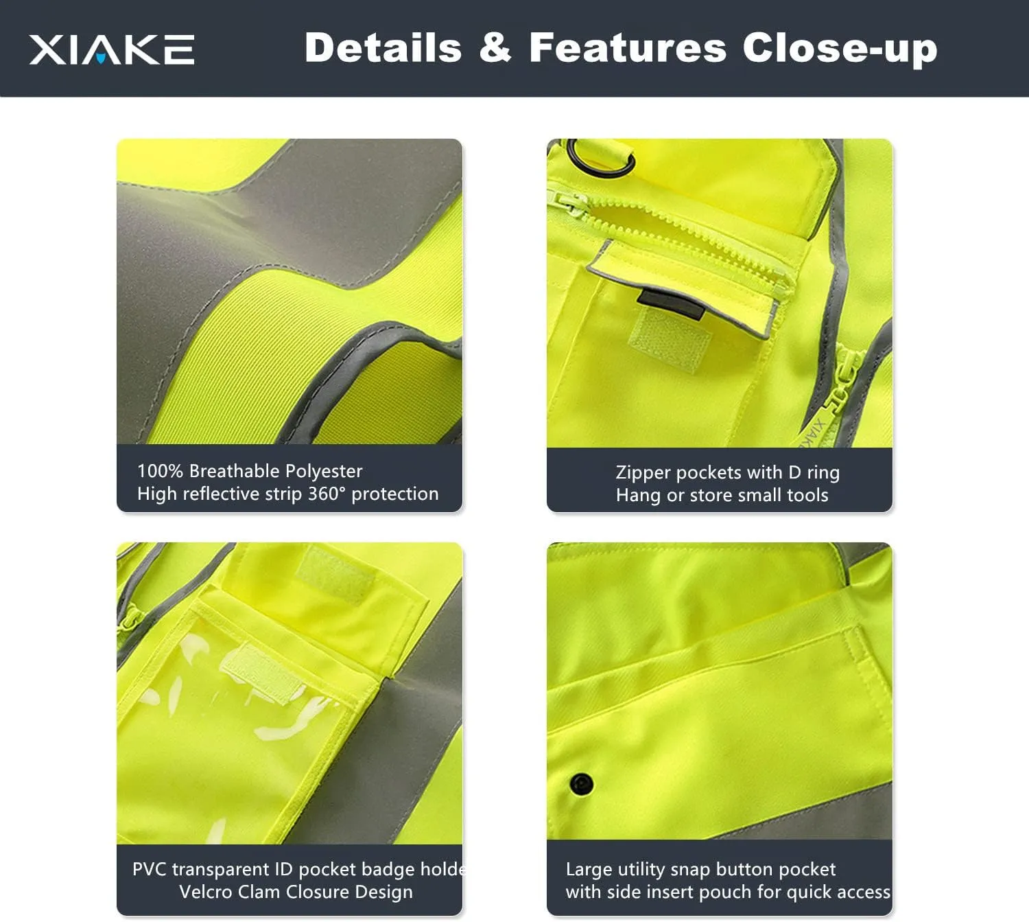 XIAKE 9 Pockets Class 2 High Visibility Reflective Safety Vest for Men Women Work Construction Vest